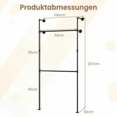 Nástenná vešiaková tyč na šaty pre otvorenú kovovú skriňu s 2 koľajnicami, 106 x 32 x 227 cm, čierna