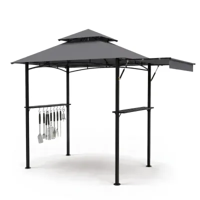 Grilovací pavilón s dvojitou strechou a výsuvnou bočnou markízou, záhradný pavilón s kovovými policami, 247 x 150 x 254 cm