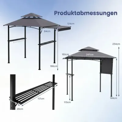 Grilovací pavilón s dvojitou strechou a výsuvnou bočnou markízou, záhradný pavilón s kovovými policami, 247 x 150 x 254 cm