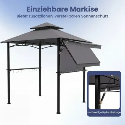 Grilovací pavilón s dvojitou strechou a výsuvnou bočnou markízou, záhradný pavilón s kovovými policami, 247 x 150 x 254 cm