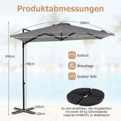 290 cm konzolový slnečník so stojanom, kľukou a dvojitou strieškou, balkónový slnečník otočný o 360°, béžový