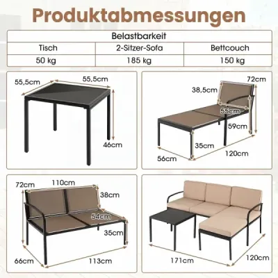 Záhradný nábytok, 3-dielna súprava balkónového nábytku s 2-miestnou pohovkou, pohovkou v tvare L a konferenčným stolíkom, khaki