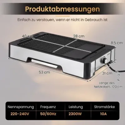 Elektrický gril Stolový gril 2300W s nepriľnavou grilovacou doskou a miskou na odkvapkávanie tuku 53 x 31 x 8,5 cm Čierny