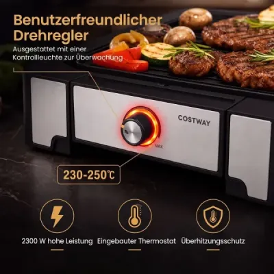 Elektrický gril Stolový gril 2300W s nepriľnavou grilovacou doskou a miskou na odkvapkávanie tuku 53 x 31 x 8,5 cm Čierny