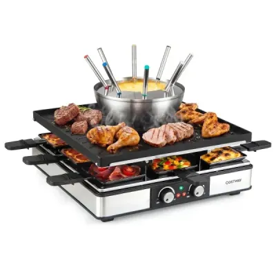Raclette gril s funkciou fondue, elektrický gril s výkonom 2200 W pre 8 osôb s nepriľnavou grilovacou doskou a 8 panvicami