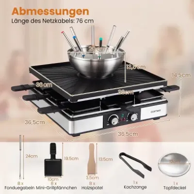 Raclette gril s funkciou fondue, elektrický gril s výkonom 2200 W pre 8 osôb s nepriľnavou grilovacou doskou a 8 panvicami