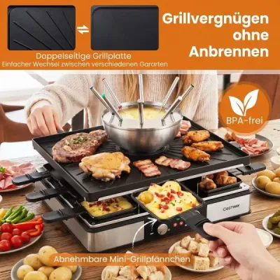 Raclette gril s funkciou fondue, elektrický gril s výkonom 2200 W pre 8 osôb s nepriľnavou grilovacou doskou a 8 panvicami