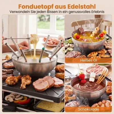 Raclette gril s funkciou fondue, elektrický gril s výkonom 2200 W pre 8 osôb s nepriľnavou grilovacou doskou a 8 panvicami