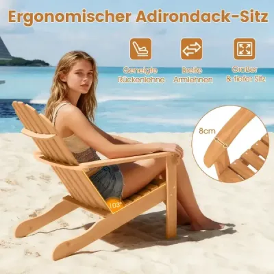 Sada 2 záhradných stoličiek Adirondack z akáciového dreva so šikmým sedadlom a vysokým operadlom, prírodná povrchová úprava