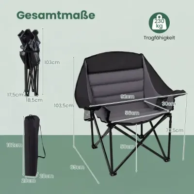 Sada 2 skladacích kempingových stoličiek so sedákom a držiakom na poháre, nosnosť do 230 kg, čierna