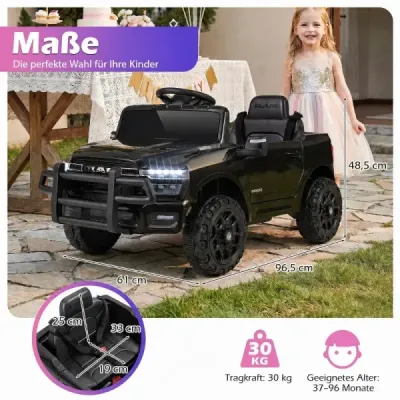 12V detské elektrické auto RAM 3500 s 2 25W motormi pre deti od 3 rokov, 3,1-5 km/h, čierne