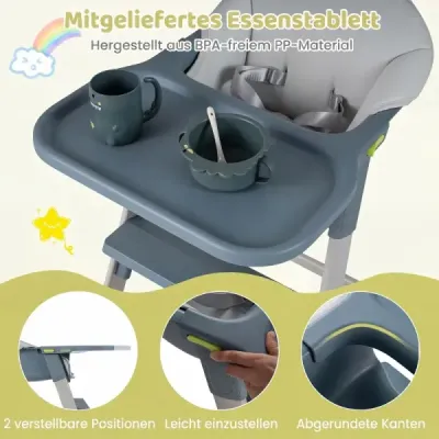 Detská vysoká stolička 2 v 1, odnímateľná a nastaviteľná podnos, opierka na nohy, kovový rám, sivá