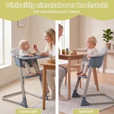 Detská vysoká stolička 2 v 1, odnímateľná a nastaviteľná podnos, opierka na nohy, kovový rám, sivá