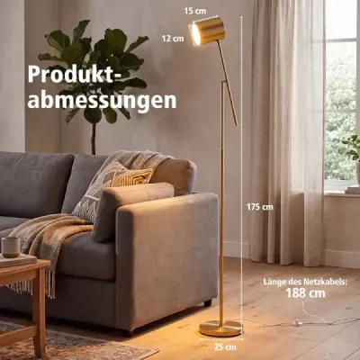 Stojaca lampa 175 cm, lampa na čítanie s nastaviteľnou hlavou a ramenom, lampa do obývačky s päticou E27, zlatá