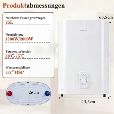 25l zásobník teplej vody s dvojitou nádržou, režim ohrevu 1300 W a 2000 W, 30 – 75 ℃