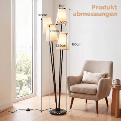 Stojaca lampa so 4 svetlami, nožným spínačom a 4 tienidlami. Moderná stojaca lampa, 25 x 25 x 160 cm.