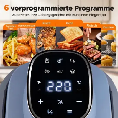 Prenosná fritéza 6 v 1: Vyprážanie a pečenie na horúcom vzduchu, sklenené nádoby s objemom 4 l a 1,7 l, 1500 W, modrá