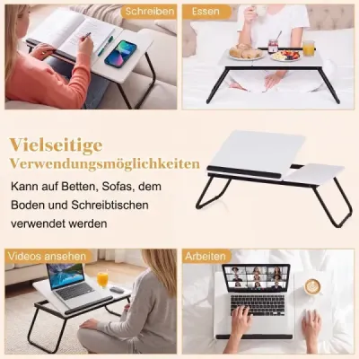 Prenosný stolík na notebook, skladací stojan na počítač na pohovku a posteľ, multifunkčný stolík na notebook, biely