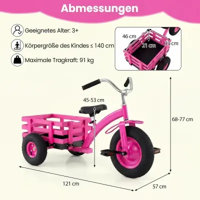 Detský trojkolesový  bicykel, nosnosť do 91 kg, s nastaviteľným sedadlom a riadidlami, pre deti od 3 rokov, ružový