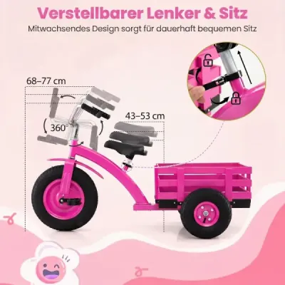 Detský trojkolesový  bicykel, nosnosť do 91 kg, s nastaviteľným sedadlom a riadidlami, pre deti od 3 rokov, ružový