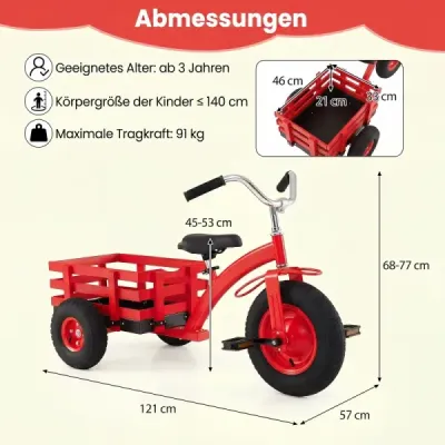 Detský trojkolesový bicykel, nosnosť do 91 kg, s nastaviteľným sedadlom a riadidlami, pre deti od 3 rokov, červený