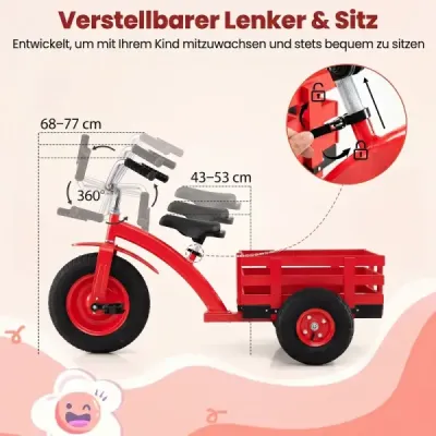 Detský trojkolesový bicykel, nosnosť do 91 kg, s nastaviteľným sedadlom a riadidlami, pre deti od 3 rokov, červený