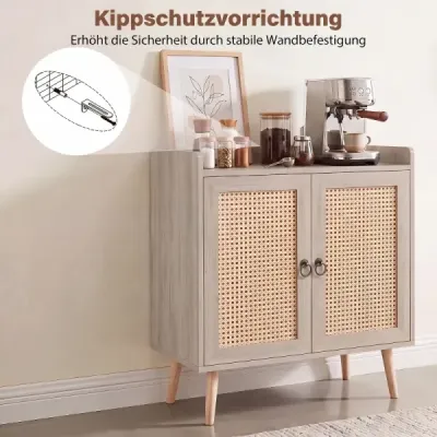 Komoda s ratanovými dvierkami, kuchynská skrinka, drevená s pracovnou doskou a nastaviteľnými policami, 67 × 38 × 77 cm, hnedá