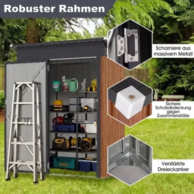 Kovová záhradná kôlňa 150 x 90,5 x 185 cm, kôlňa na náradie s pultovou strechou, hnedá