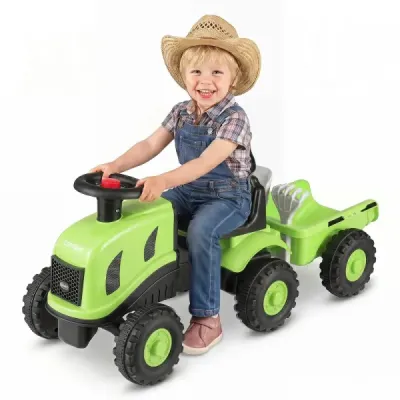 Detský traktor s prívesom, klaksónom a ergonomickým sedadlom, 2 v 1 odrážadlo, nosnosť 25 kg, zelený