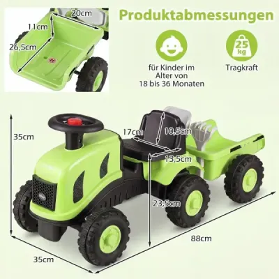 Detský traktor s prívesom, klaksónom a ergonomickým sedadlom, 2 v 1 odrážadlo, nosnosť 25 kg, zelený