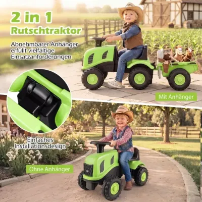 Detský traktor s prívesom, klaksónom a ergonomickým sedadlom, 2 v 1 odrážadlo, nosnosť 25 kg, zelený