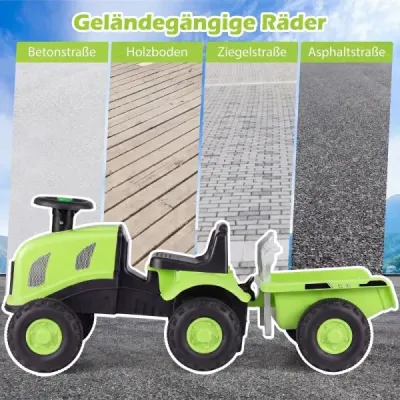 Detský traktor s prívesom, klaksónom a ergonomickým sedadlom, 2 v 1 odrážadlo, nosnosť 25 kg, zelený
