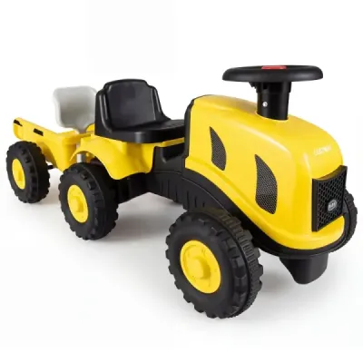 Detský traktor s prívesom, klaksónom a ergonomickým sedadlom, 2 v 1 odrážadlo, nosnosť 25 kg, žltý