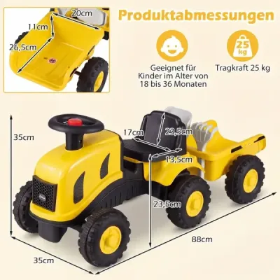 Detský traktor s prívesom, klaksónom a ergonomickým sedadlom, 2 v 1 odrážadlo, nosnosť 25 kg, žltý