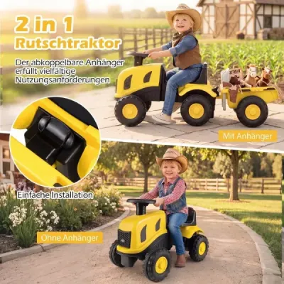 Detský traktor s prívesom, klaksónom a ergonomickým sedadlom, 2 v 1 odrážadlo, nosnosť 25 kg, žltý