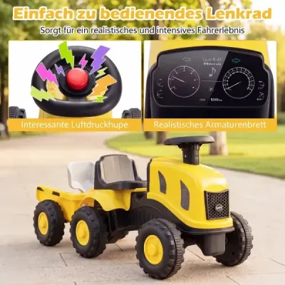 Detský traktor s prívesom, klaksónom a ergonomickým sedadlom, 2 v 1 odrážadlo, nosnosť 25 kg, žltý