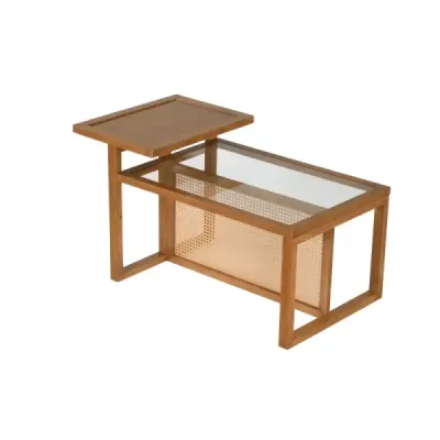 Príručný stolík s 2 policami, konferenčný stolík s doskou z tvrdeného skla, 102 x 56 x 56 cm, prírodný