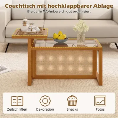 Príručný stolík s 2 policami, konferenčný stolík s doskou z tvrdeného skla, 102 x 56 x 56 cm, prírodný