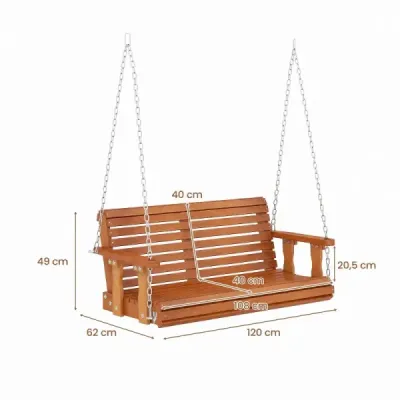 Závesná záhradná hojdacia lavica pre 2 osoby, vyrobená z jedľového dreva, nosnosť do 300 kg, 120 x 62 x 49 cm