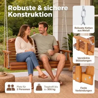 Závesná záhradná hojdacia lavica pre 2 osoby, vyrobená z jedľového dreva, nosnosť do 300 kg, 120 x 62 x 49 cm