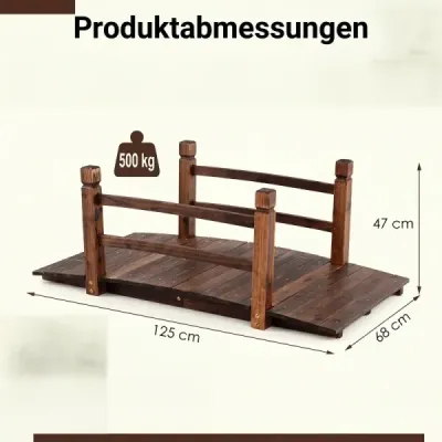 Záhradný mostík z jedľového dreva, klenutý mostík so zábradlím, odolný voči poveternostným vplyvom, nosnosť 500 kg, 125 x 68 x 47 cm