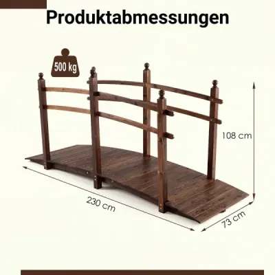 Záhradný mostík z jedľového dreva, klenutý mostík so zábradlím, odolný voči poveternostným vplyvom, nosnosť 500 kg, 230 x 73 x 108 cm