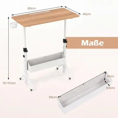 Stôl na státie, výškovo nastaviteľný 70-117 cm, mobilný stôl na kolieskach s látkovým košom a drážkou na tablet, prírodný