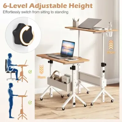 Stôl na státie, výškovo nastaviteľný 70-117 cm, mobilný stôl na kolieskach s látkovým košom a drážkou na tablet, prírodný