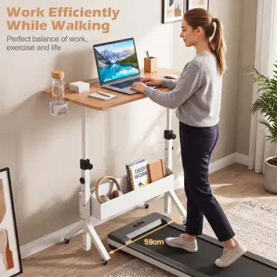 Stôl na státie, výškovo nastaviteľný 70-117 cm, mobilný stôl na kolieskach s látkovým košom a drážkou na tablet, prírodný