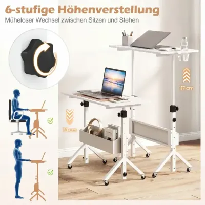 Stôl na státie, výškovo nastaviteľný 70-117 cm, mobilný stôl na kolieskach s látkovým košom a drážkou na tablet, biely