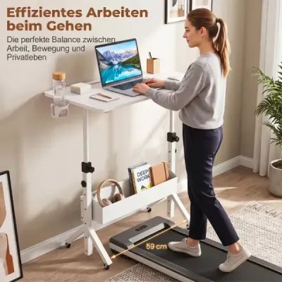Stôl na státie, výškovo nastaviteľný 70-117 cm, mobilný stôl na kolieskach s látkovým košom a drážkou na tablet, biely