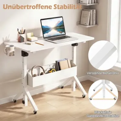 Stôl na státie, výškovo nastaviteľný 70-117 cm, mobilný stôl na kolieskach s látkovým košom a drážkou na tablet, biely