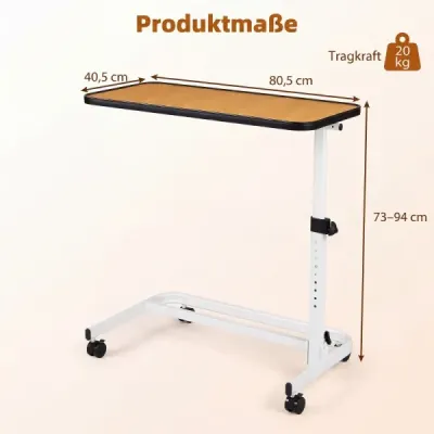 Nočný stolík na kolieskach s doskou, ktorú je možné nakloniť do viacerých uhlov, opatrovateľský stôl 80,5 x 40,5 x 73-94 cm, prírodná povrchová úprava