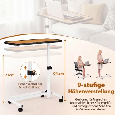 Nočný stolík na kolieskach s doskou, ktorú je možné nakloniť do viacerých uhlov, opatrovateľský stôl 80,5 x 40,5 x 73-94 cm, prírodná povrchová úprava